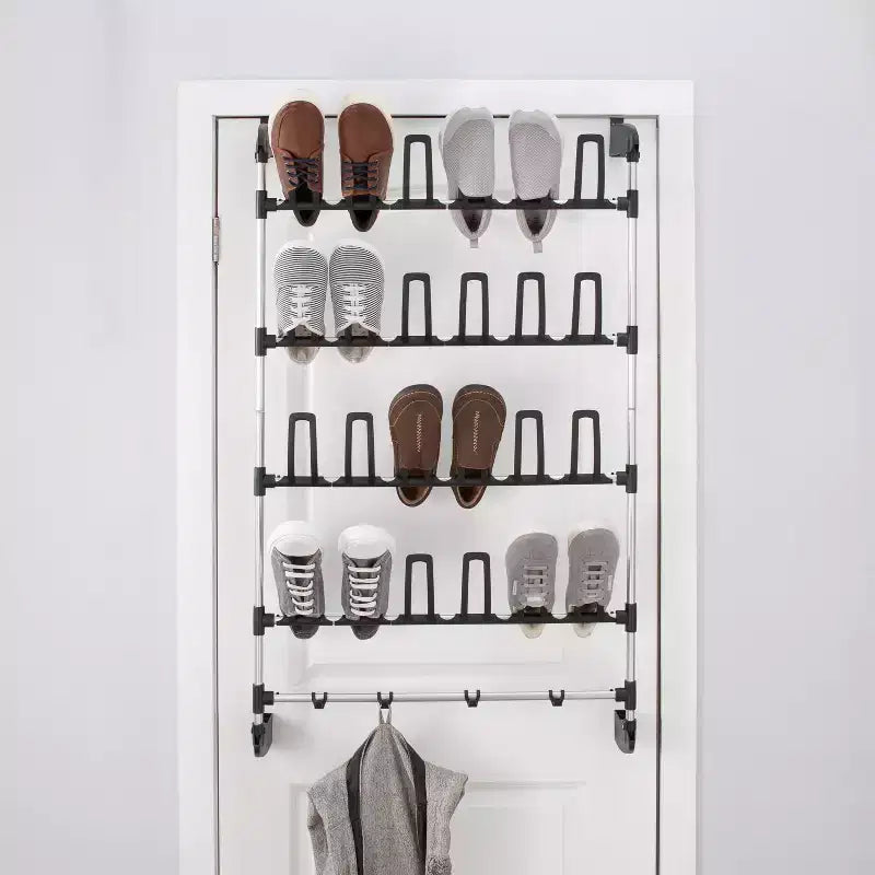 Scarpiera da appendere alla porta con 12 paia e 4 ganci per accessori, organizer per scarpe e cappelli con struttura in metallo
