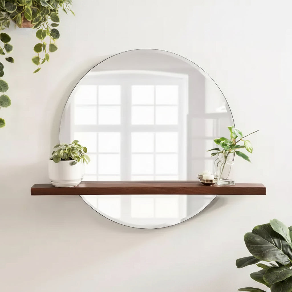 Specchio senza cornice tondo Fosset 30" x 24" con mensola, marrone noce, bordo smussato chic, legno di mango