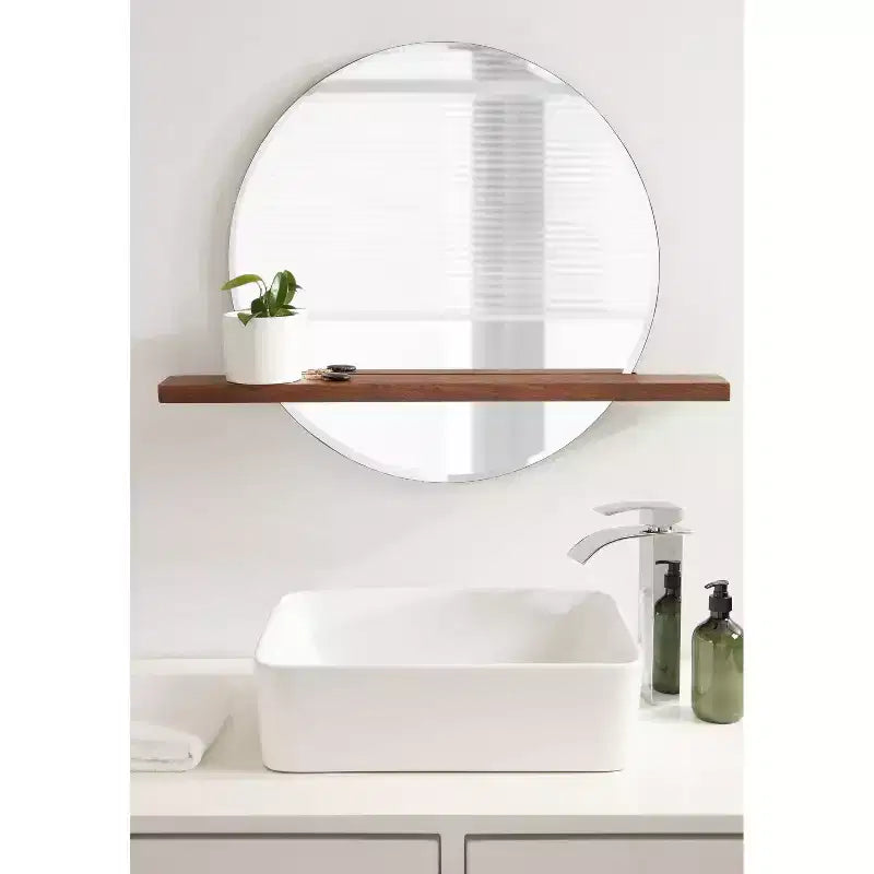 Specchio senza cornice tondo Fosset 30" x 24" con mensola, marrone noce, bordo smussato chic, legno di mango