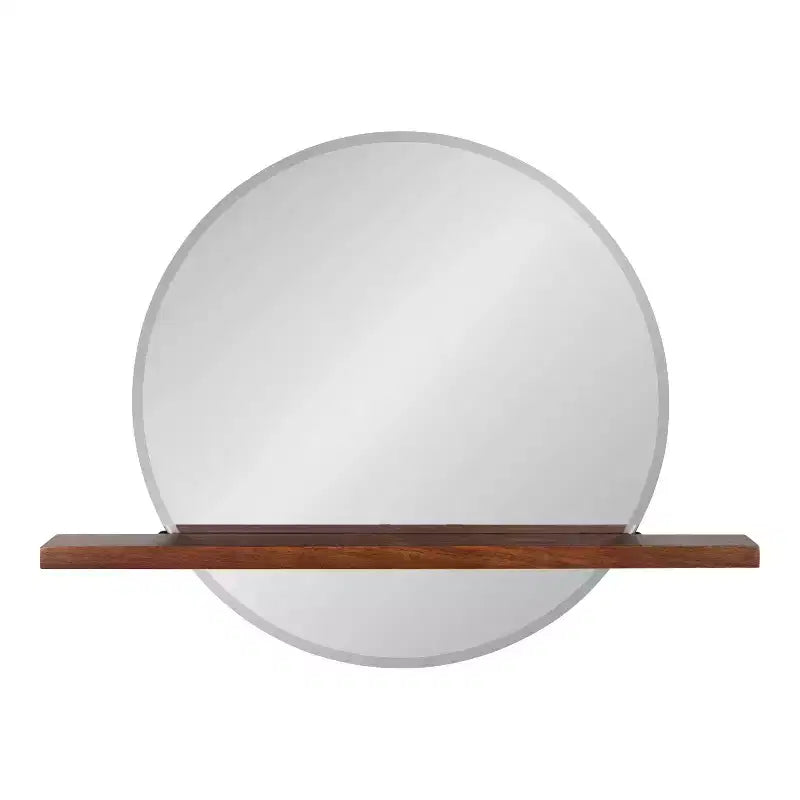 Specchio senza cornice tondo Fosset 30" x 24" con mensola, marrone noce, bordo smussato chic, legno di mango