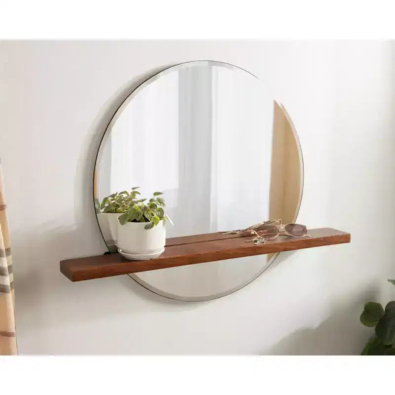 Specchio senza cornice tondo Fosset 30" x 24" con mensola, marrone noce, bordo smussato chic, legno di mango