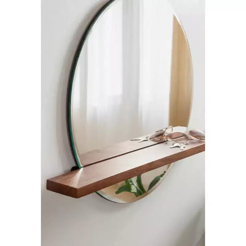 Specchio senza cornice tondo Fosset 30" x 24" con mensola, marrone noce, bordo smussato chic, legno di mango