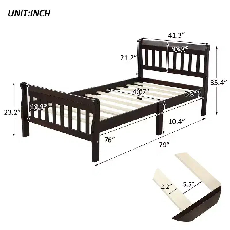Letto a piattaforma a slitta in legno massello Twin Size con testiera e pediera a pannelli a giorno