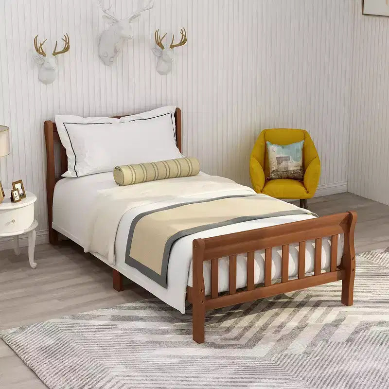 Letto a piattaforma a slitta in legno massello Twin Size con testiera e pediera a pannelli a giorno