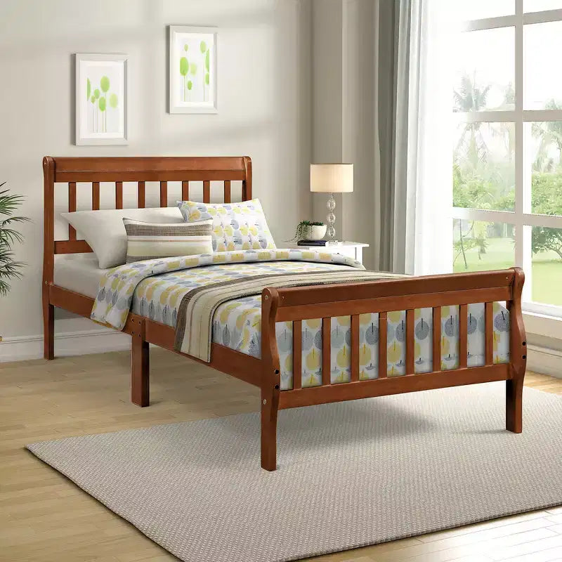 Letto a piattaforma a slitta in legno massello Twin Size con testiera e pediera a pannelli a giorno