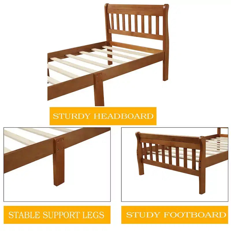Letto a piattaforma a slitta in legno massello Twin Size con testiera e pediera a pannelli a giorno