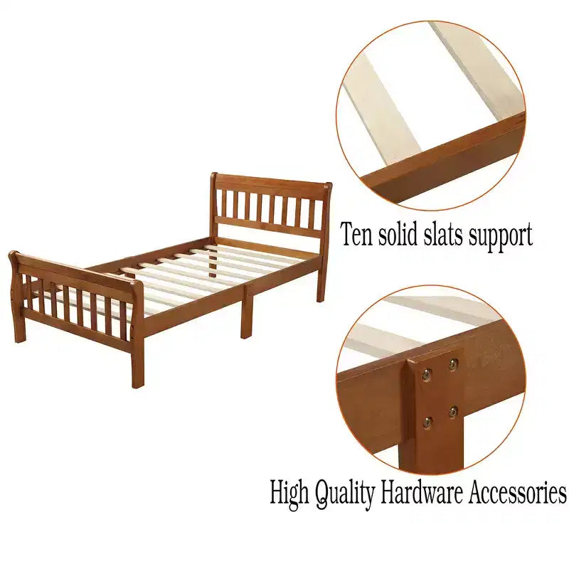 Letto a piattaforma a slitta in legno massello Twin Size con testiera e pediera a pannelli a giorno