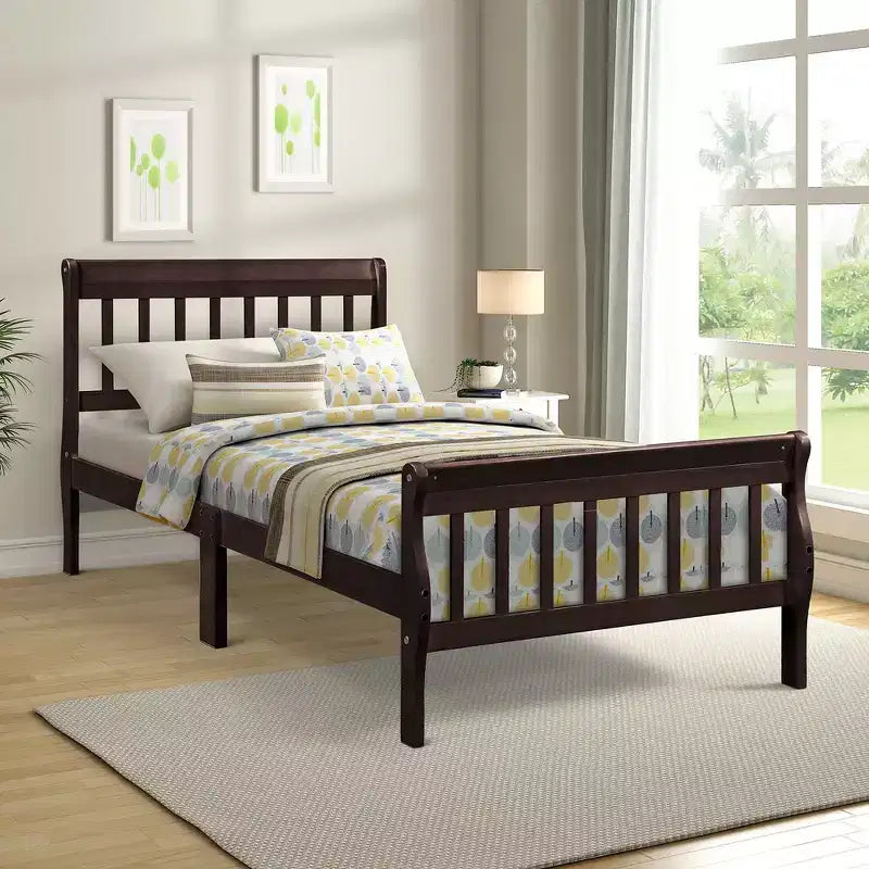 Letto a piattaforma a slitta in legno massello Twin Size con testiera e pediera a pannelli a giorno