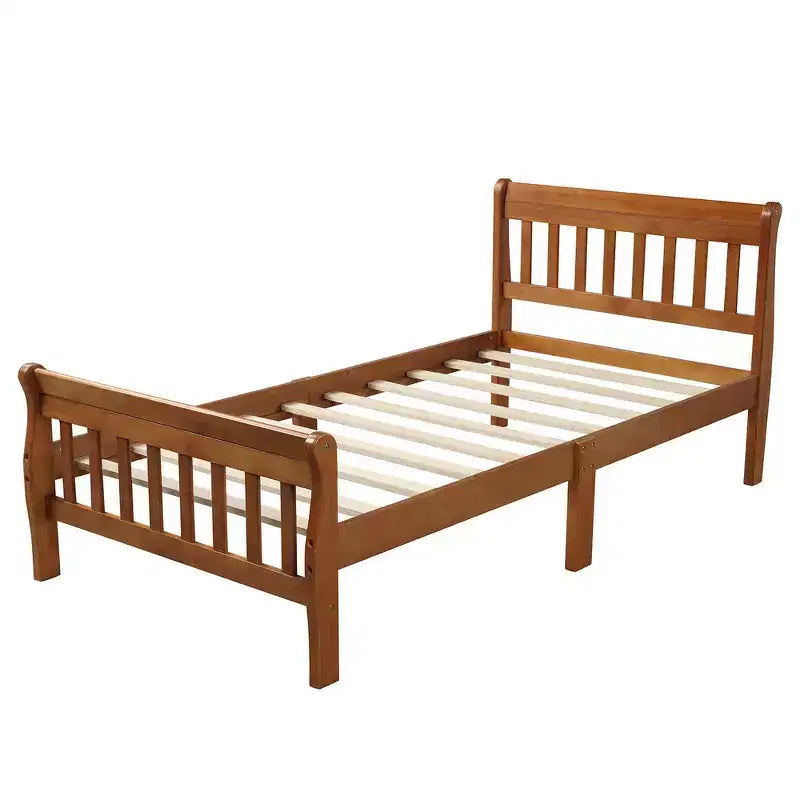 Letto a piattaforma a slitta in legno massello Twin Size con testiera e pediera a pannelli a giorno
