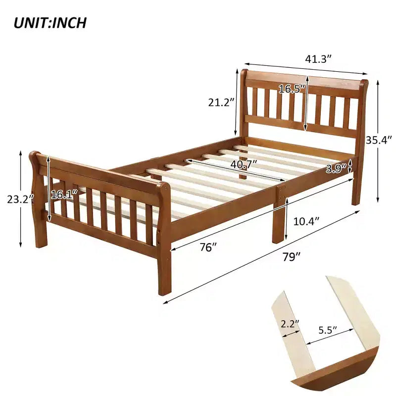 Letto a piattaforma a slitta in legno massello Twin Size con testiera e pediera a pannelli a giorno