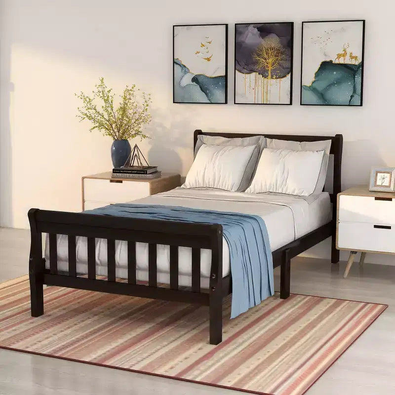 Letto a piattaforma a slitta in legno massello Twin Size con testiera e pediera a pannelli a giorno