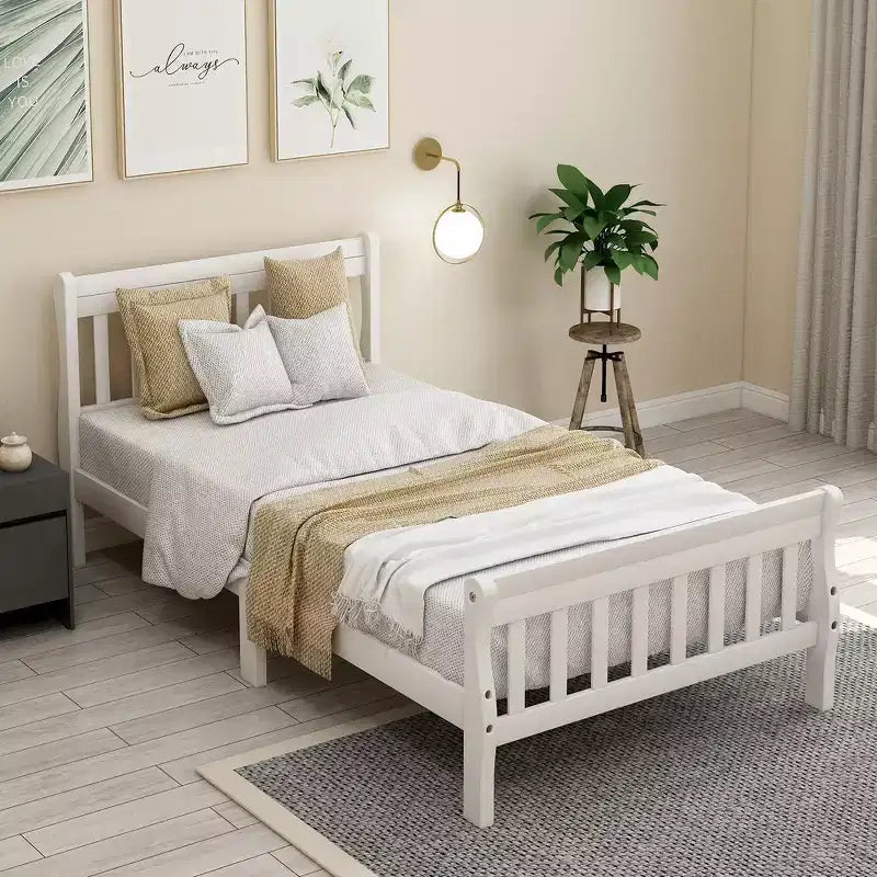 Letto a piattaforma a slitta in legno massello Twin Size con testiera e pediera a pannelli a giorno