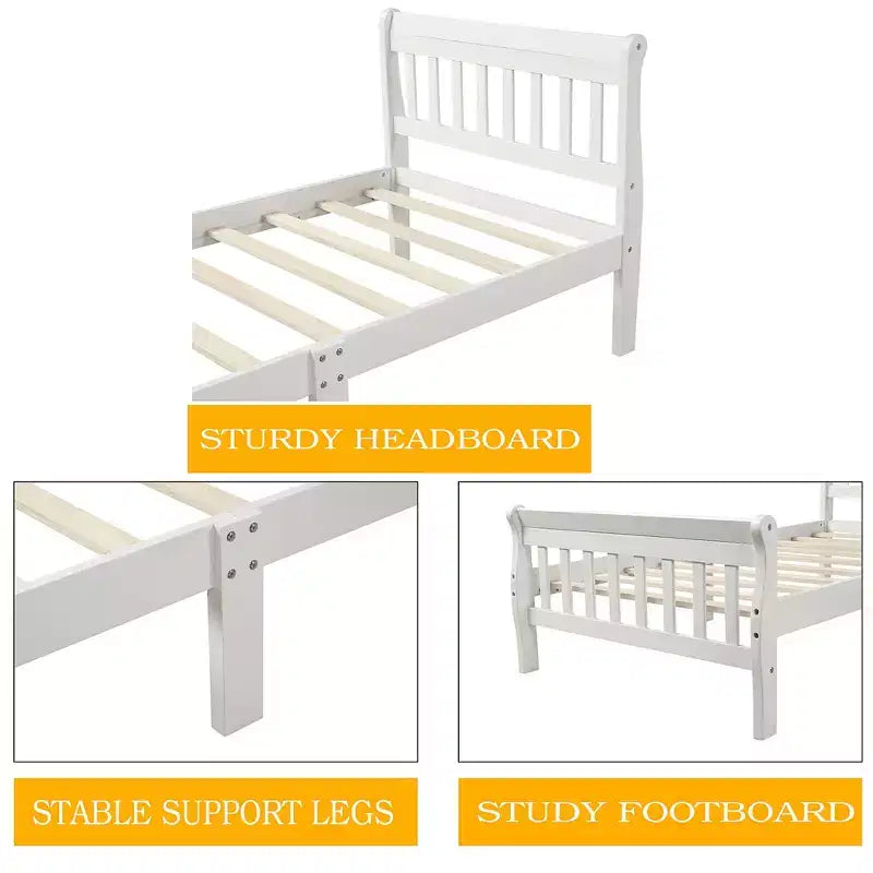 Letto a piattaforma a slitta in legno massello Twin Size con testiera e pediera a pannelli a giorno