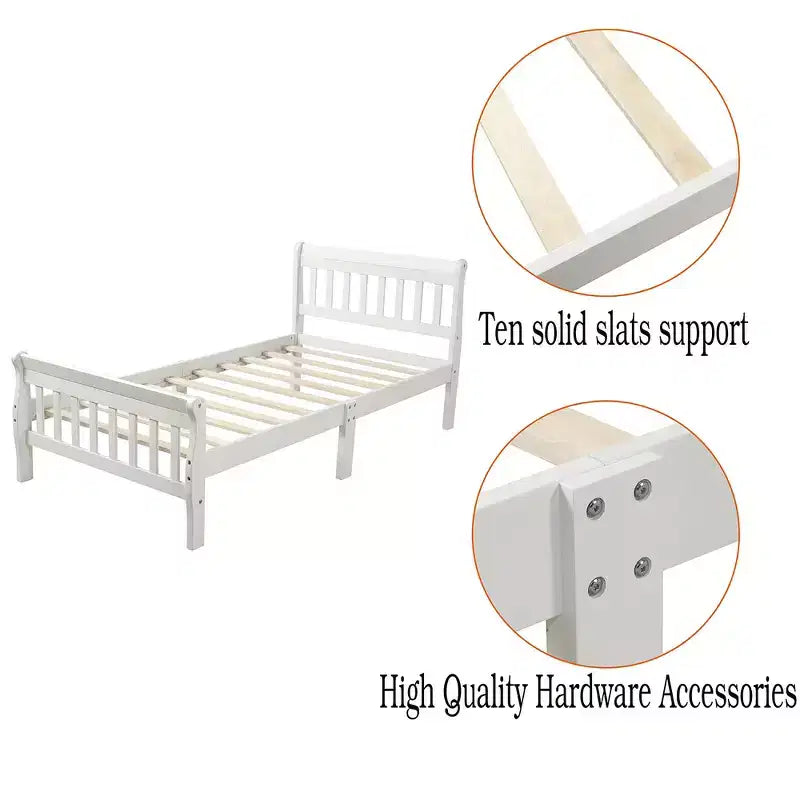 Letto a piattaforma a slitta in legno massello Twin Size con testiera e pediera a pannelli a giorno