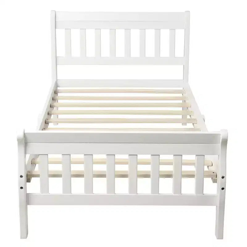 Letto a piattaforma a slitta in legno massello Twin Size con testiera e pediera a pannelli a giorno