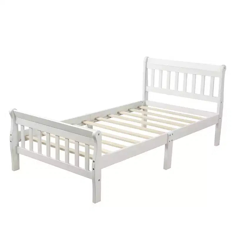 Letto a piattaforma a slitta in legno massello Twin Size con testiera e pediera a pannelli a giorno