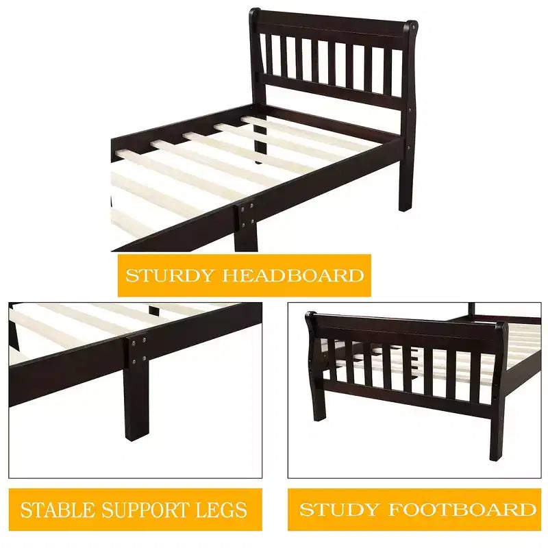 Letto a piattaforma a slitta in legno massello Twin Size con testiera e pediera a pannelli a giorno