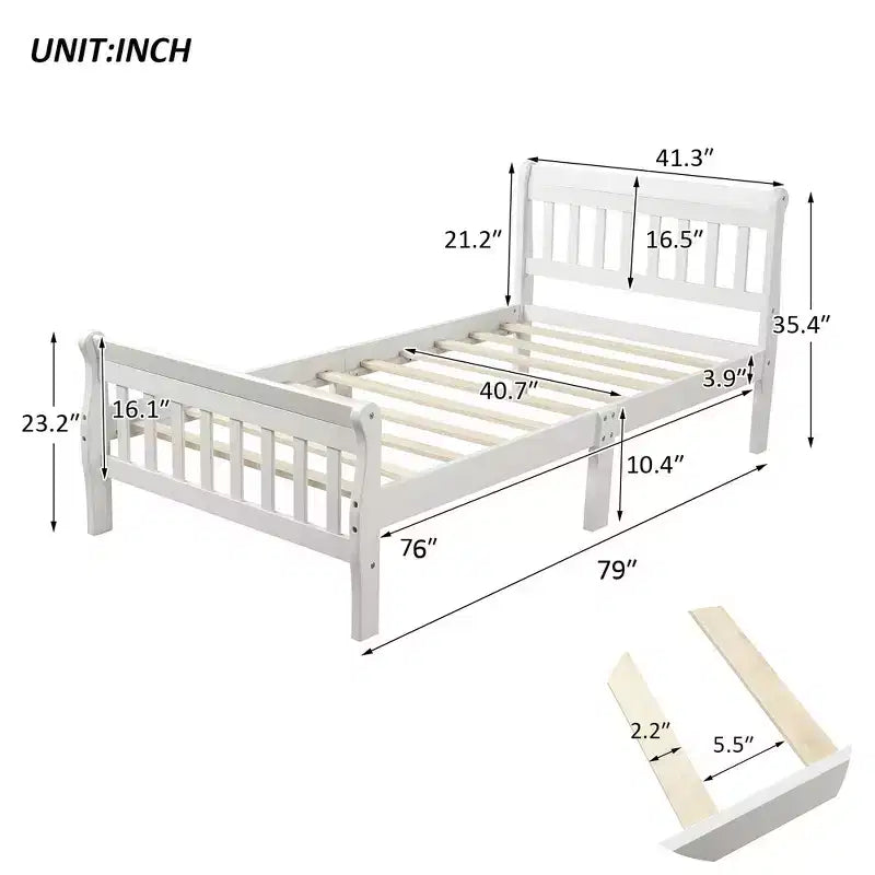 Letto a piattaforma a slitta in legno massello Twin Size con testiera e pediera a pannelli a giorno