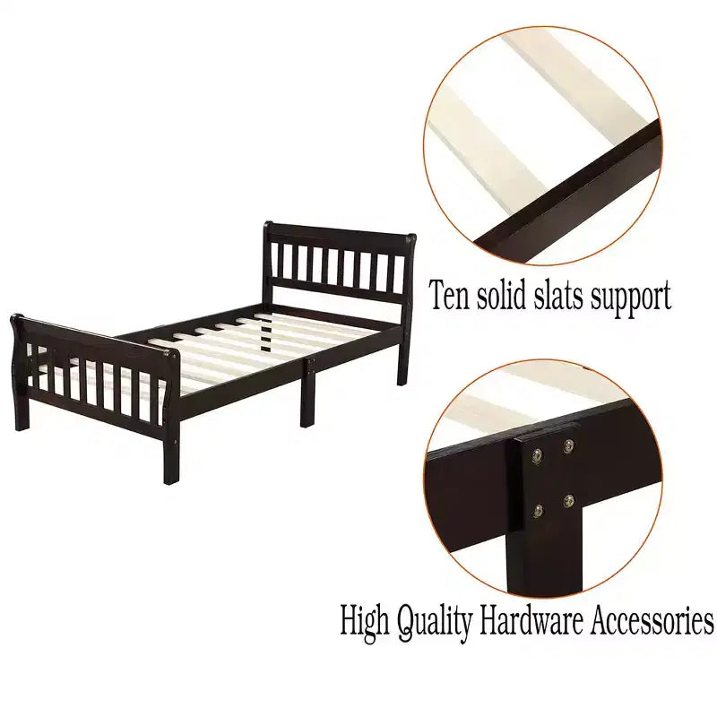 Letto a piattaforma a slitta in legno massello Twin Size con testiera e pediera a pannelli a giorno