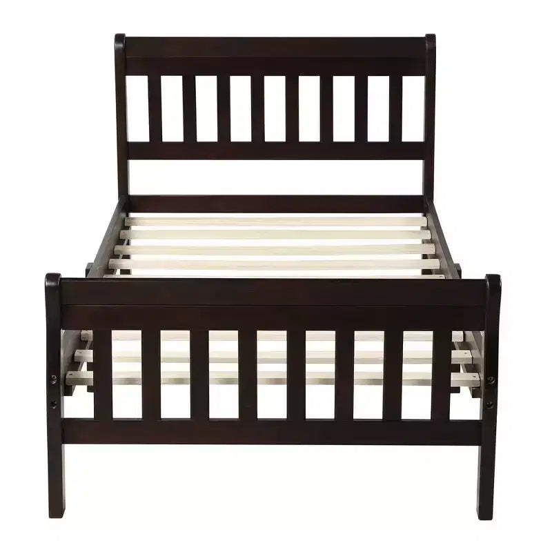 Letto a piattaforma a slitta in legno massello Twin Size con testiera e pediera a pannelli a giorno
