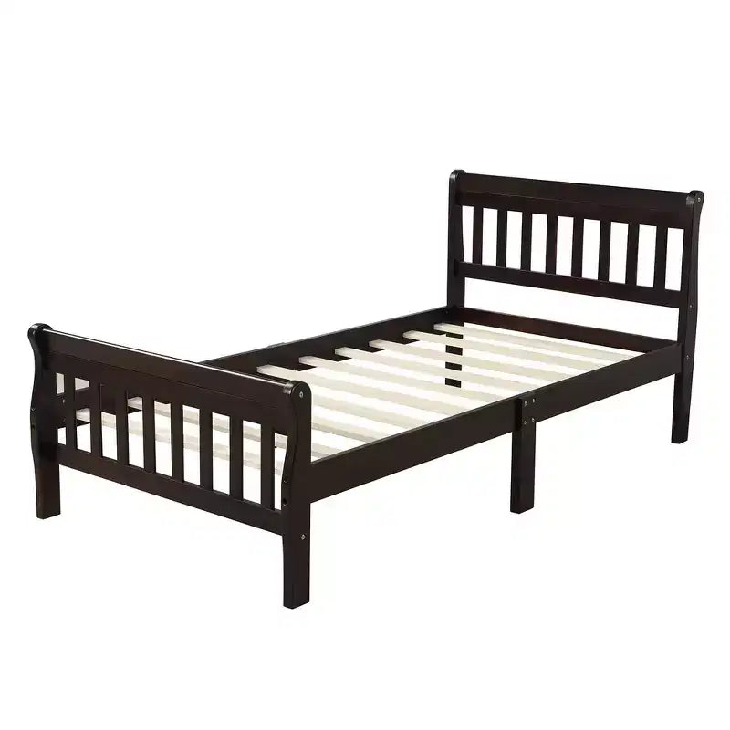 Letto a piattaforma a slitta in legno massello Twin Size con testiera e pediera a pannelli a giorno