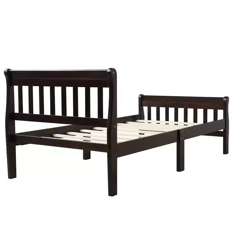 Letto a piattaforma a slitta in legno massello Twin Size con testiera e pediera a pannelli a giorno