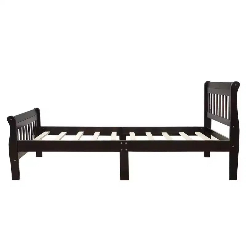 Letto a piattaforma a slitta in legno massello Twin Size con testiera e pediera a pannelli a giorno