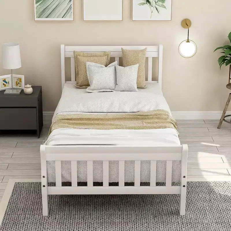 Letto a piattaforma a slitta in legno massello Twin Size con testiera e pediera a pannelli a giorno