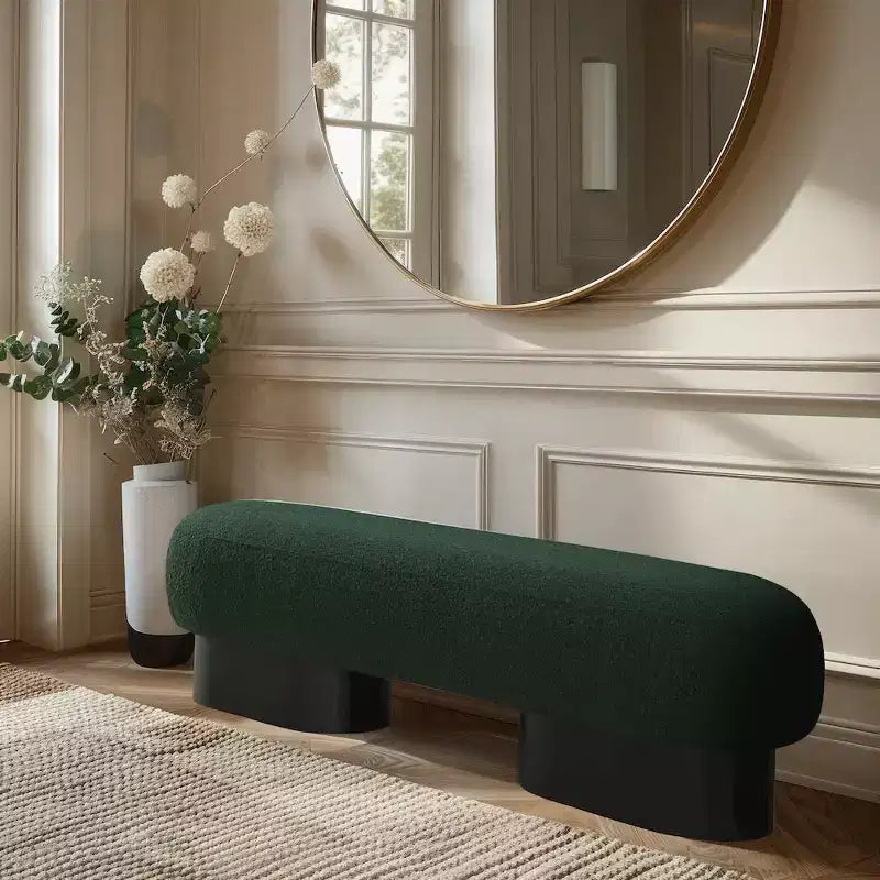 Panca Rivestita in Tessuto Bouclé con Base Nera, Crema