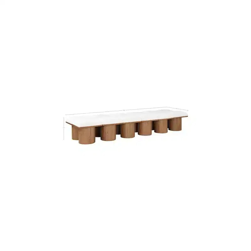 Panca Pavilion in tessuto bouclé color crema, impiallacciatura in rovere con finitura marrone noce