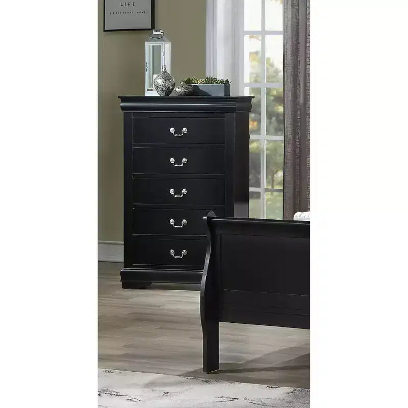 Comodino/Comò Moderno a 5 Cassetti in Legno Massello con Dettagli in Ottone, Mobile Contenitore per Camera da Letto