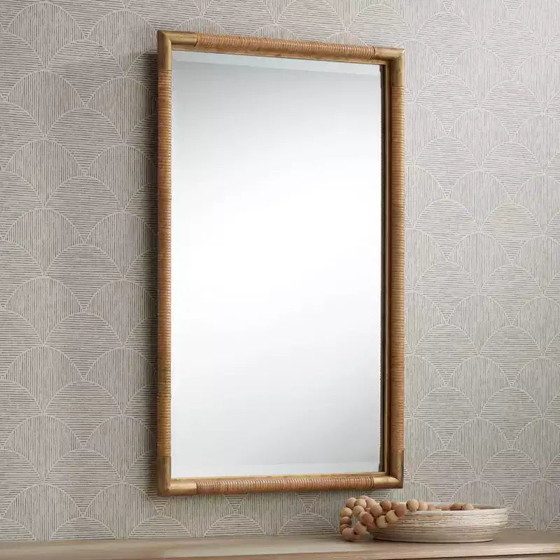 Specchio da parete rettangolare da bagno dorato anticato e rattan 23" x 36", stile Modern Farmhouse