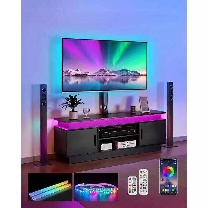 Mobile porta TV da 52" con supporto per TV fino a 75", centro multimediale con presa di corrente, regolabile in altezza, nero