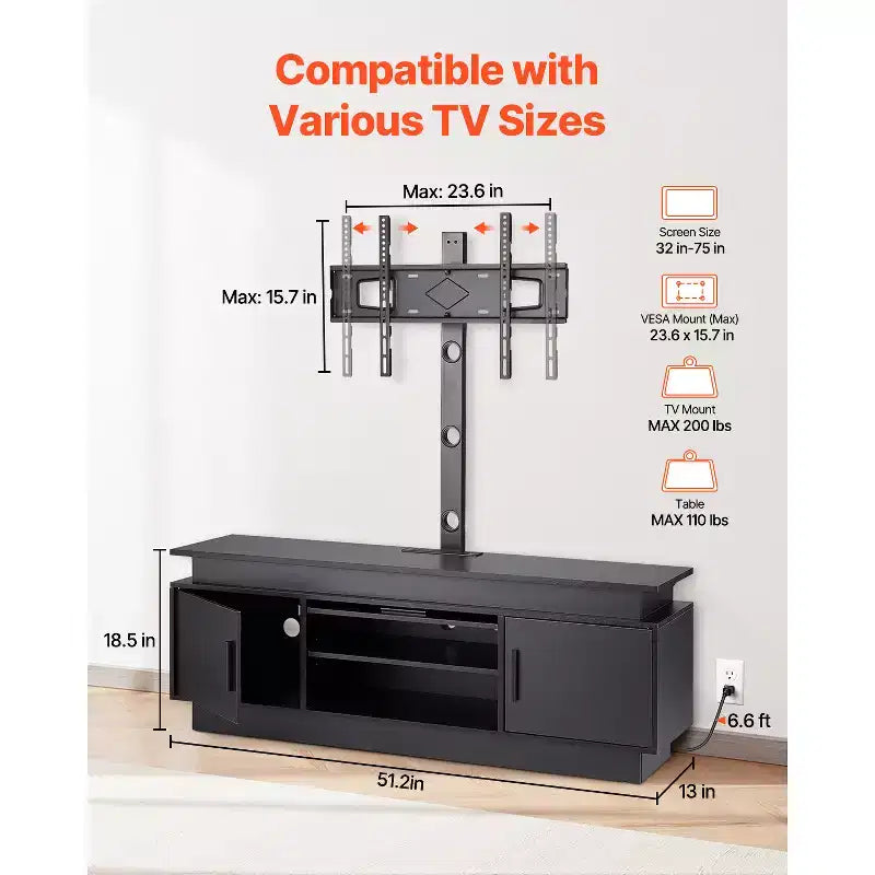 Mobile porta TV da 52" con supporto per TV fino a 75", centro multimediale con presa di corrente, regolabile in altezza, nero