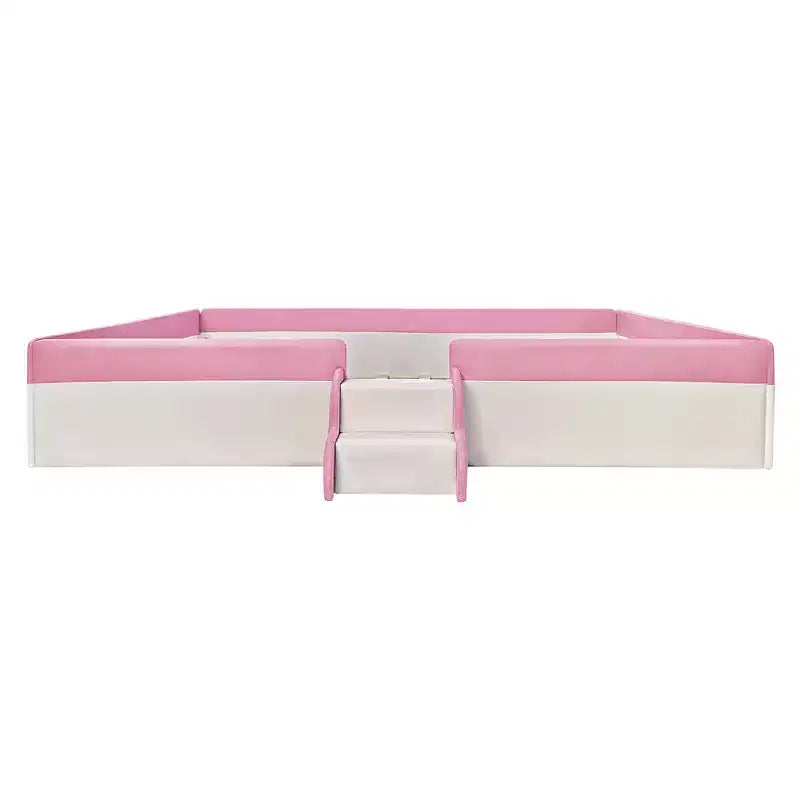 Letto da terra Montessori imbottito in PU con recinzione e scale, Queen Size con doghe per bambini e bambine, rosa+bianco