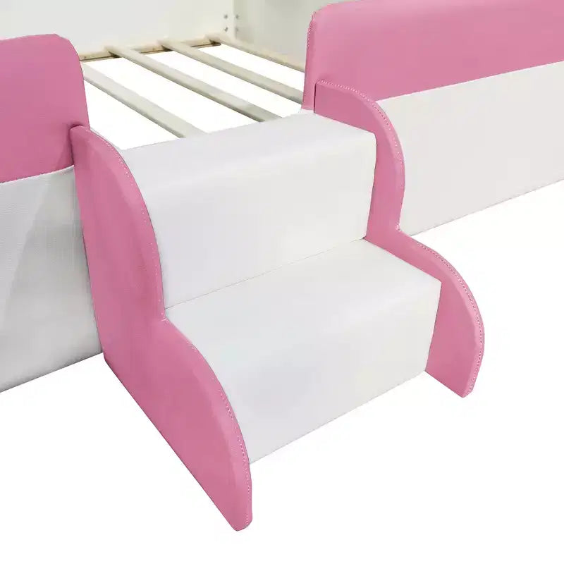 Letto da terra Montessori imbottito in PU con recinzione e scale, Queen Size con doghe per bambini e bambine, rosa+bianco