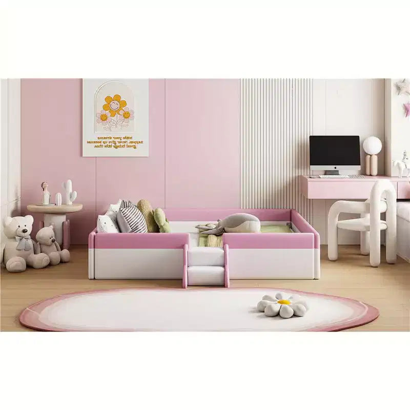 Letto da terra Montessori imbottito in PU con recinzione e scale, Queen Size con doghe per bambini e bambine, rosa+bianco