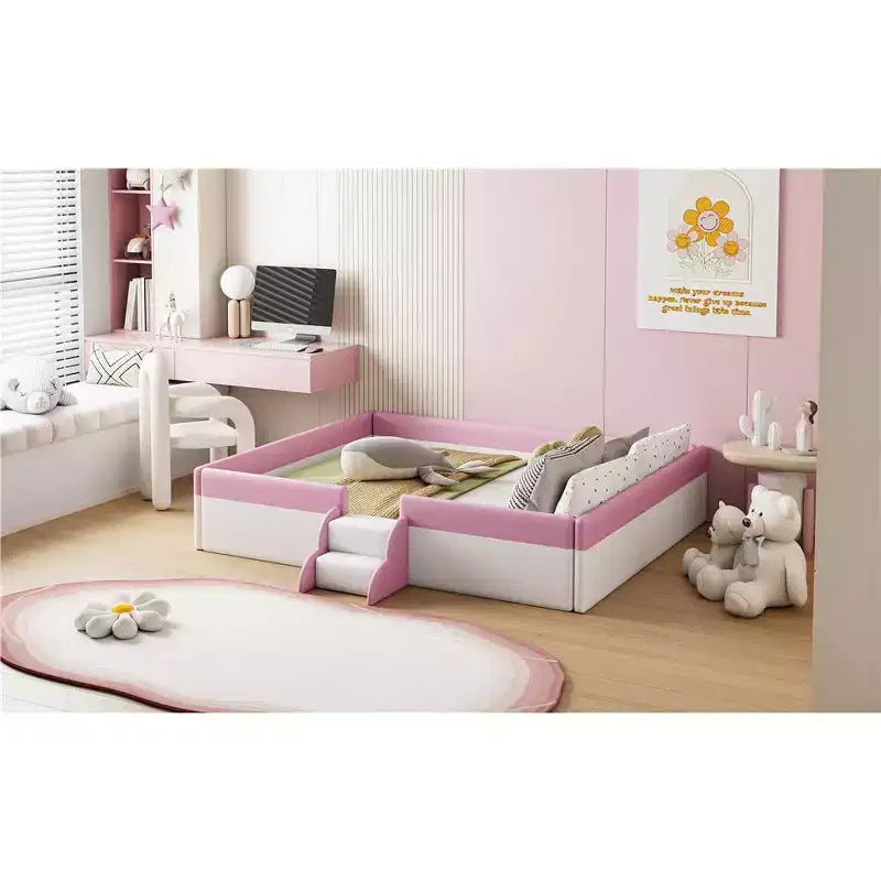 Letto da terra Montessori imbottito in PU con recinzione e scale, Queen Size con doghe per bambini e bambine, rosa+bianco