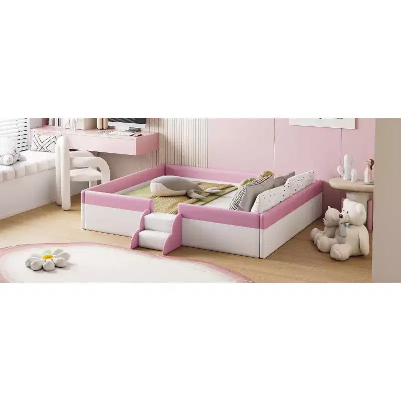 Letto da terra Montessori imbottito in PU con recinzione e scale, Queen Size con doghe per bambini e bambine, rosa+bianco
