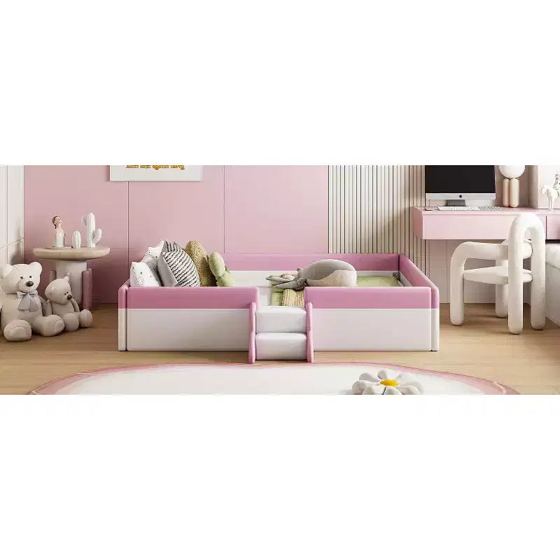 Letto da terra Montessori imbottito in PU con recinzione e scale, Queen Size con doghe per bambini e bambine, rosa+bianco