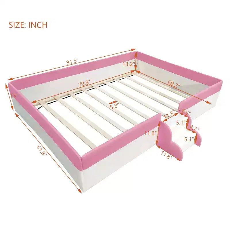 Letto da terra Montessori imbottito in PU con recinzione e scale, Queen Size con doghe per bambini e bambine, rosa+bianco