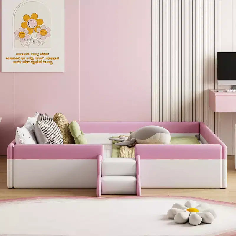 Letto da terra Montessori imbottito in PU con recinzione e scale, Queen Size con doghe per bambini e bambine, rosa+bianco