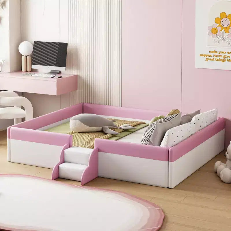 Letto da terra Montessori imbottito in PU con recinzione e scale, Queen Size con doghe per bambini e bambine, rosa+bianco