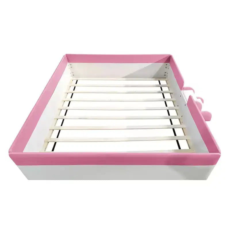 Letto da terra Montessori imbottito in PU con recinzione e scale, Queen Size con doghe per bambini e bambine, rosa+bianco