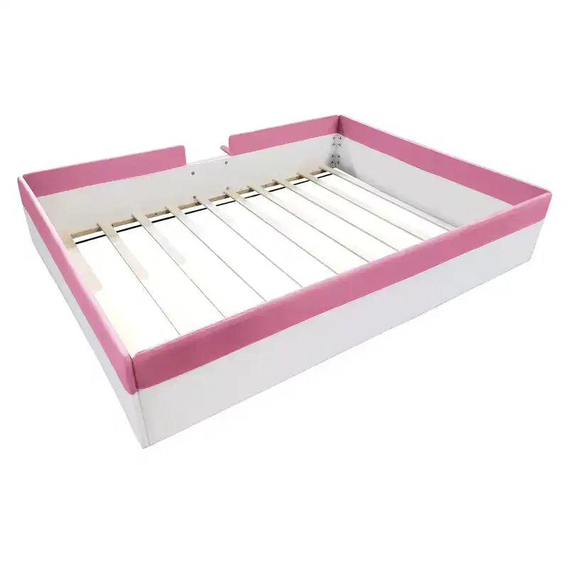 Letto da terra Montessori imbottito in PU con recinzione e scale, Queen Size con doghe per bambini e bambine, rosa+bianco