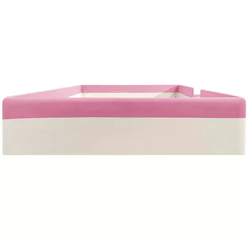 Letto da terra Montessori imbottito in PU con recinzione e scale, Queen Size con doghe per bambini e bambine, rosa+bianco