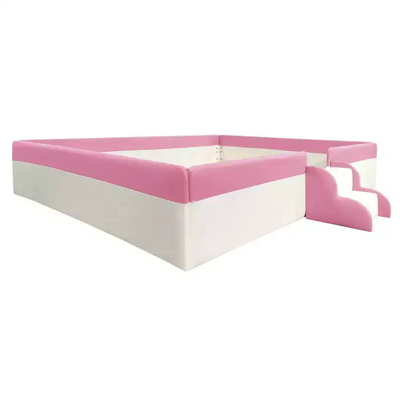 Letto da terra Montessori imbottito in PU con recinzione e scale, Queen Size con doghe per bambini e bambine, rosa+bianco
