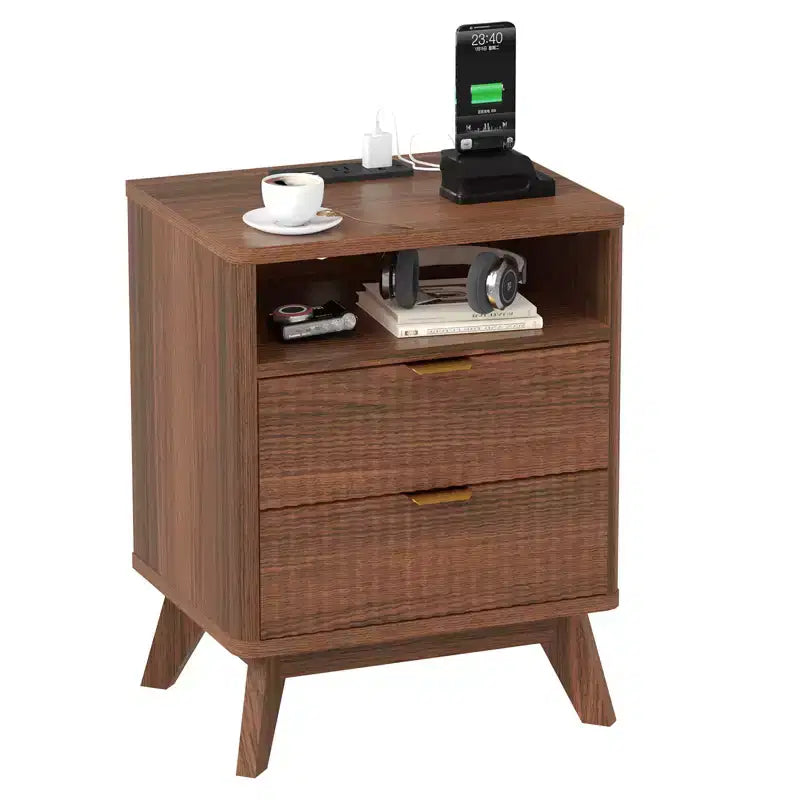 Comodino scanalato moderno con stazione di ricarica USB e 2 cassetti, tavolino laterale per camera da letto, soggiorno, ufficio domestico