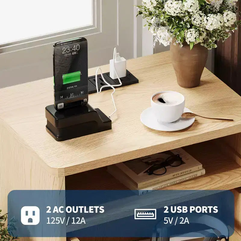 Comodino scanalato moderno con stazione di ricarica USB e 2 cassetti, tavolino laterale per camera da letto, soggiorno, ufficio domestico