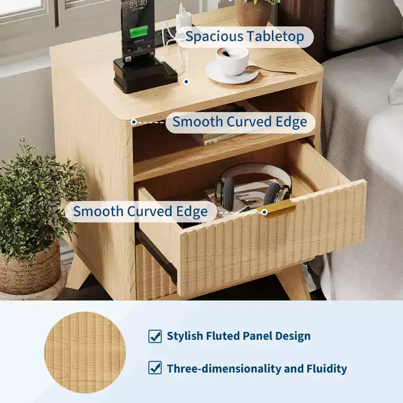 Comodino scanalato moderno con stazione di ricarica USB e 2 cassetti, tavolino laterale per camera da letto, soggiorno, ufficio domestico